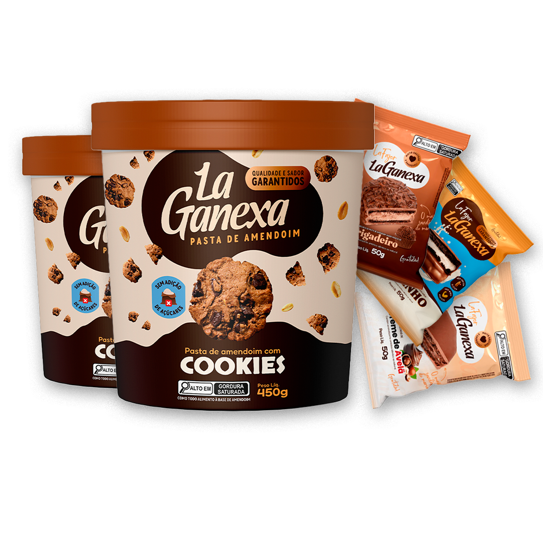 2 Pastas de Amendoim sabor Cookies 450g + 6 Alfajores (2 de Leitinho, 2 de Brigadeiro e 2 de Avelã) - FRETE GRÁTIS