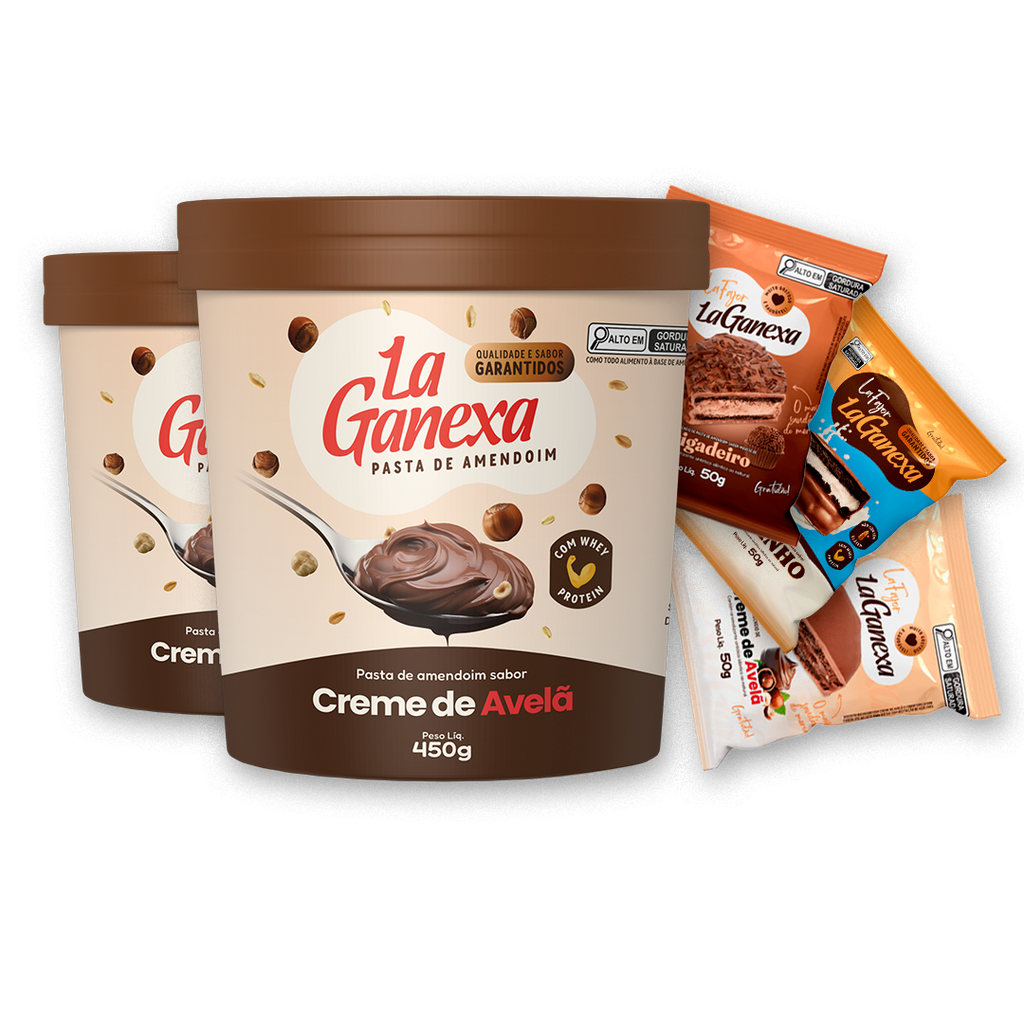 2 Pastas de Amendoim sabor Creme de Avelã 450g + 6 Alfajores (2 de Leitinho, 2 de Brigadeiro e 2 de Avelã) - FRETE GRÁTIS