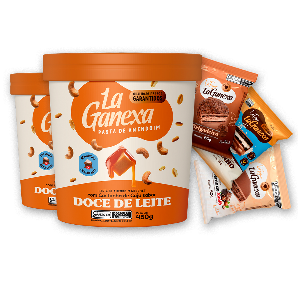 2 Pastas de Amendoim sabor Doce de Leite com Castanha de Caju 450g + 6 Alfajores (2 de Leitinho, 2 de Brigadeiro e 2 de Avelã) - FRETE GRÁTIS